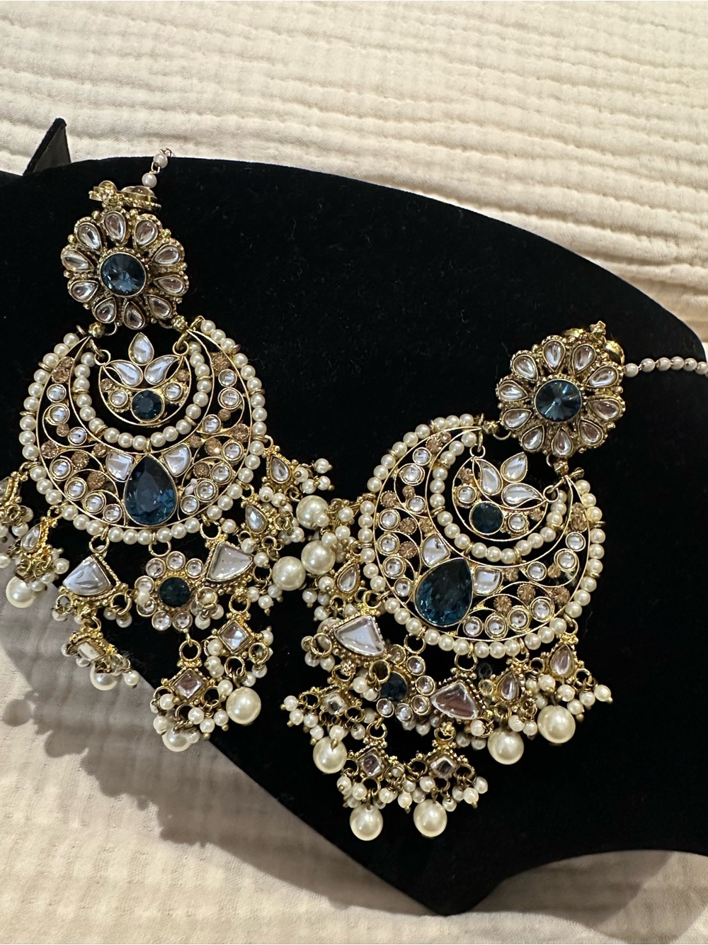 Gold Pearl Chandbali Earrings with Blue Stones - Women Jewelry